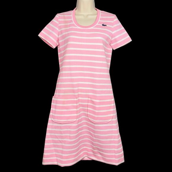 Vintage Lacoste David Crystal Sheath Dress Women 8 Pink White Striped Union Made - Picture 2 of 13